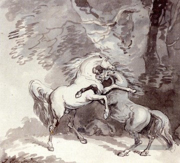  chevaux Peintre - Chevaux se battre sur un sentier boisé Thomas Rowlandson Noire et blanche